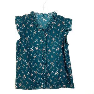 SHEIN Women’s Pullover Top With Ruffles Size 8/10 Green Floral Cap Sleeve Office
